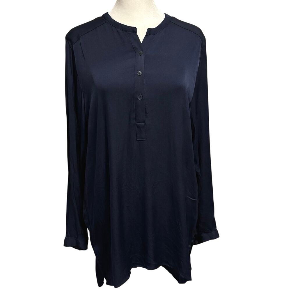 Nouvelle Palm Beach Size L Tunic Top Silk Blouse Navy Blue Popover